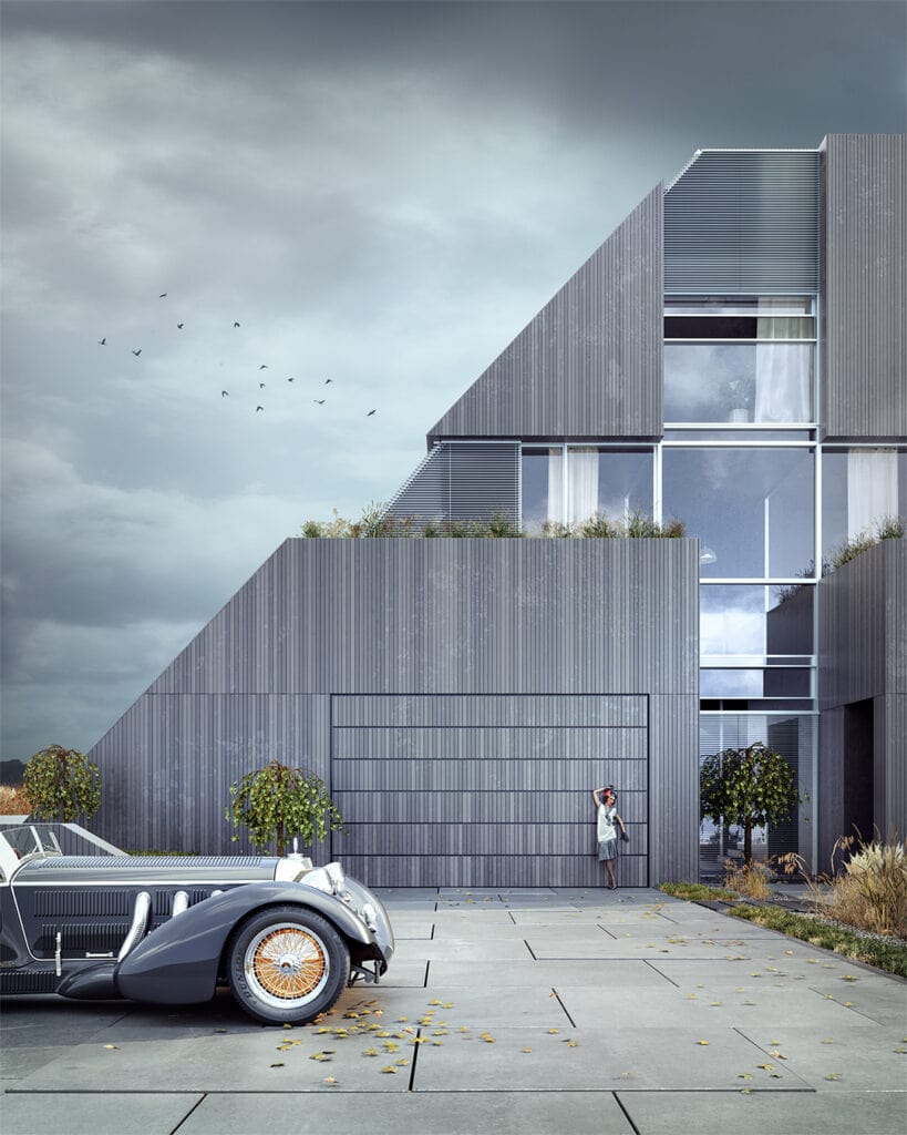 3- FLYHOUSE – house with three-dimensional concrete facades (garage door view)