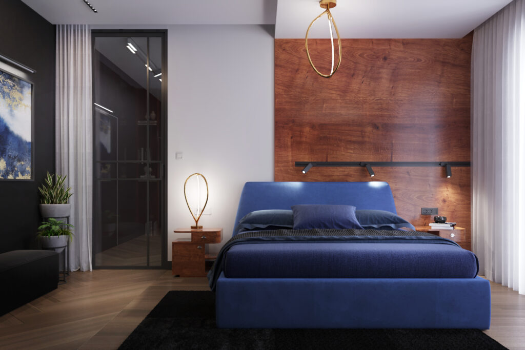 WAMHOUSE - projekt sypialni z niebieskim łóżkiemi