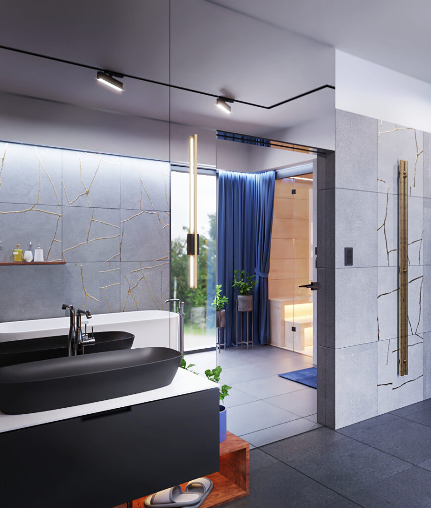 WAMHOUSE - projekt łazienki z lustrem na ścianie i drzwiach