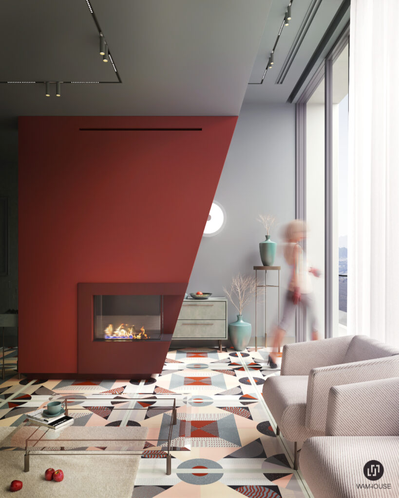 WAMHOUSE- projekt salonu z kolorową podłogą, autor - Karina Wiciak