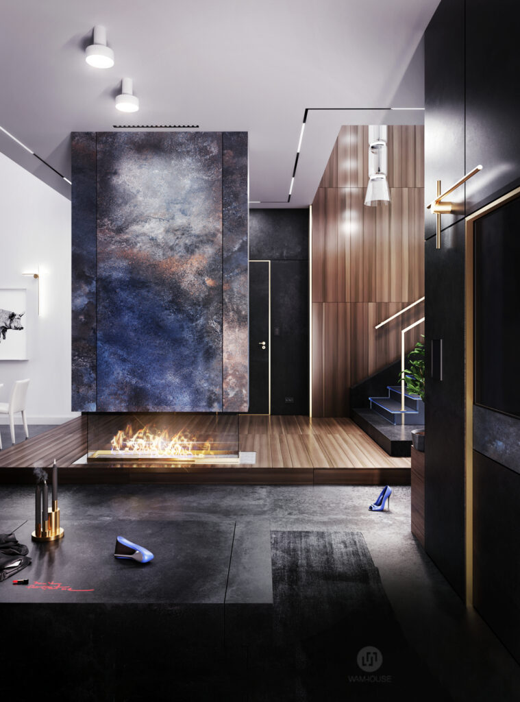 WAMHOUSE - dark blue black livingroom interior design, author - Karina Wiciak