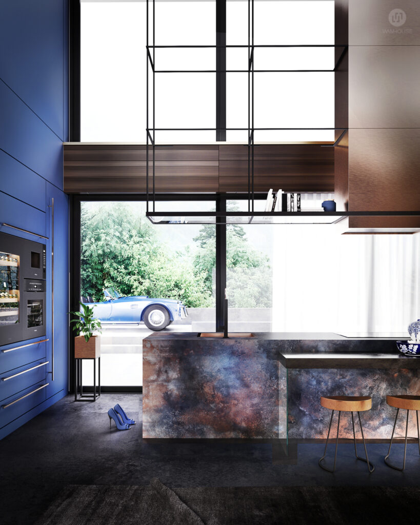 WAMHOUSE - dark blue black copper kitchen interior design, author - Karina Wiciak