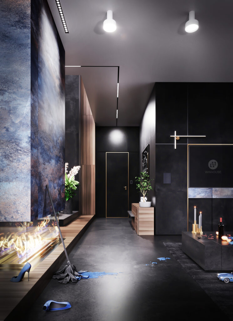 WAMHOUSE - dark blue black livingroom interior design, author - Karina Wiciak