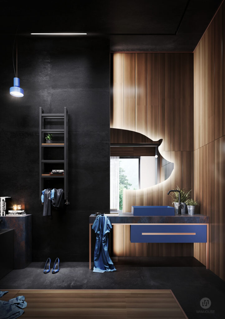 WAMHOUSE- dark blue black bathroom interior design and wood, author - Karina Wiciak