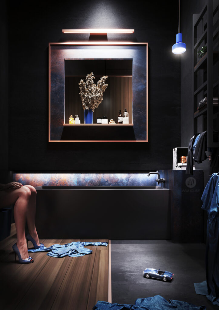 WAMHOUSE - dark blue black bathroom interior design and wood, author - Karina Wiciak