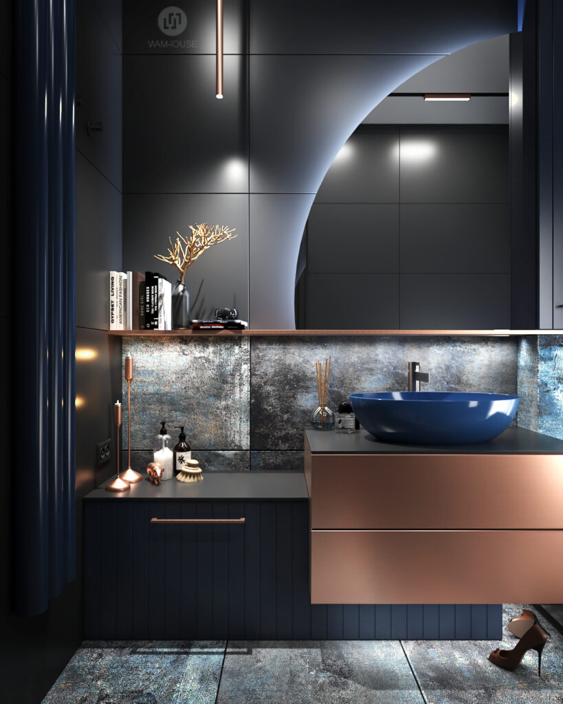 WAMHOUSE- dark blue black bathroom interior design, author - Karina Wiciak