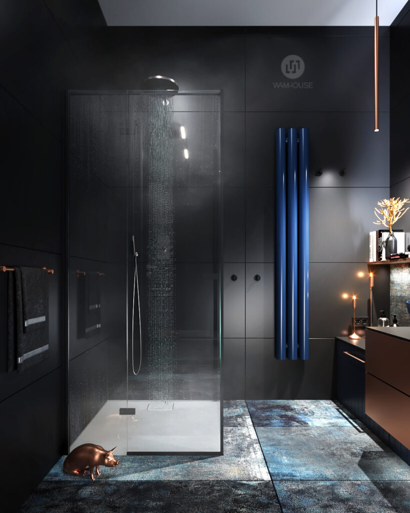 WAMHOUSE- dark blue black bathroom interior design, author - Karina Wiciak