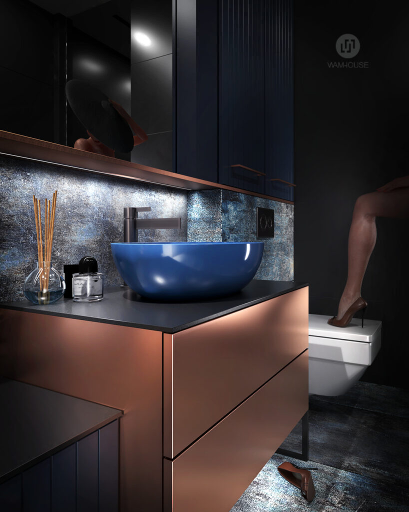 WAMHOUSE- dark blue black bathroom interior design, author - Karina Wiciak