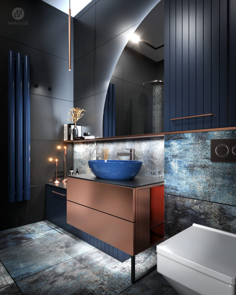 WAMHOUSE- dark blue black bathroom interior design, author - Karina Wiciak