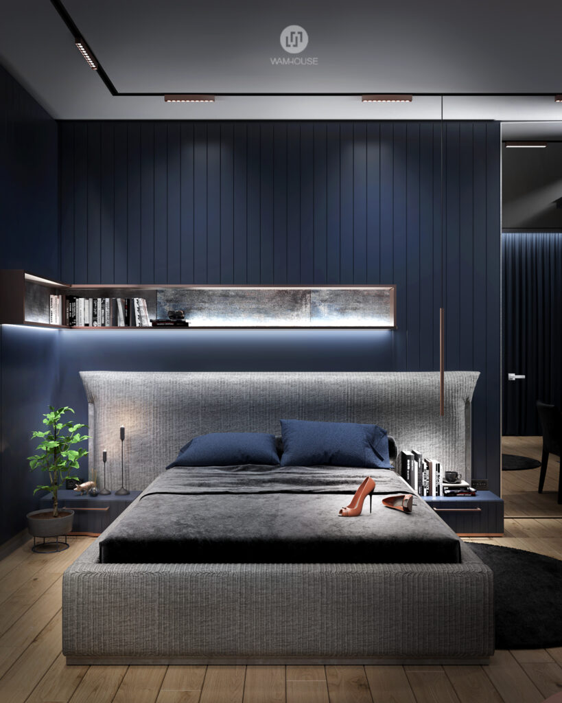 WAMHOUSE- dark blue bedroom interior design, author - Karina Wiciak