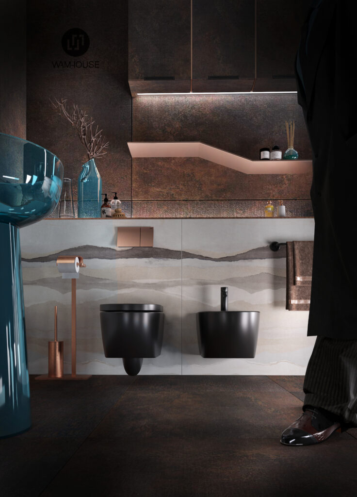 WAMHOUSE - projekt wnętrza łazienki rdzawy spiek i niebieski, autor - Karina Wiciak