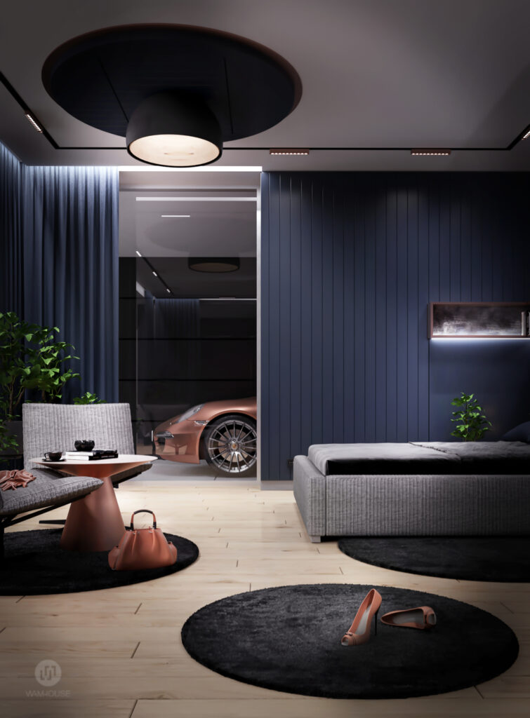 WAMHOUSE- dark blue bedroom interior design, author - Karina Wiciak