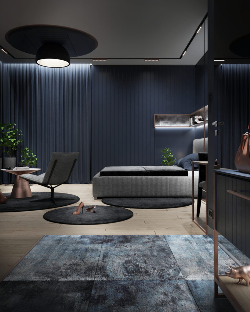 WAMHOUSE- dark blue bedroom interior design, author - Karina Wiciak