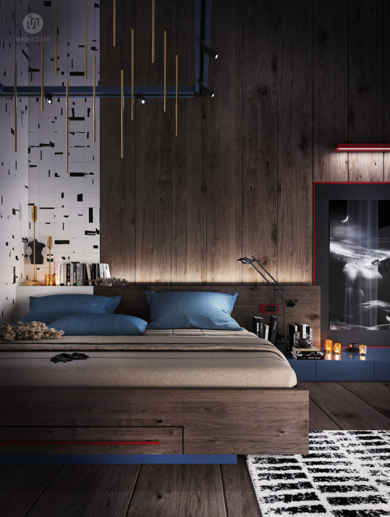 WAMHOUSE- projekt wnętrza niebieska sypialnia, autor - Karina Wiciak
