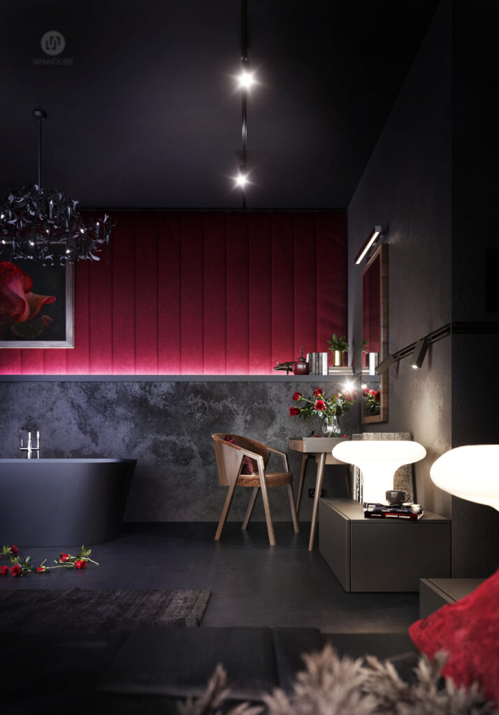 WAMHOUSE - black and red - dark bedroom interior design, author - Karina Wiciak