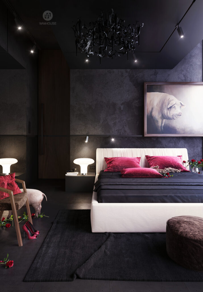 WAMHOUSE - black and red - dark bedroom interior design, author - Karina Wiciak