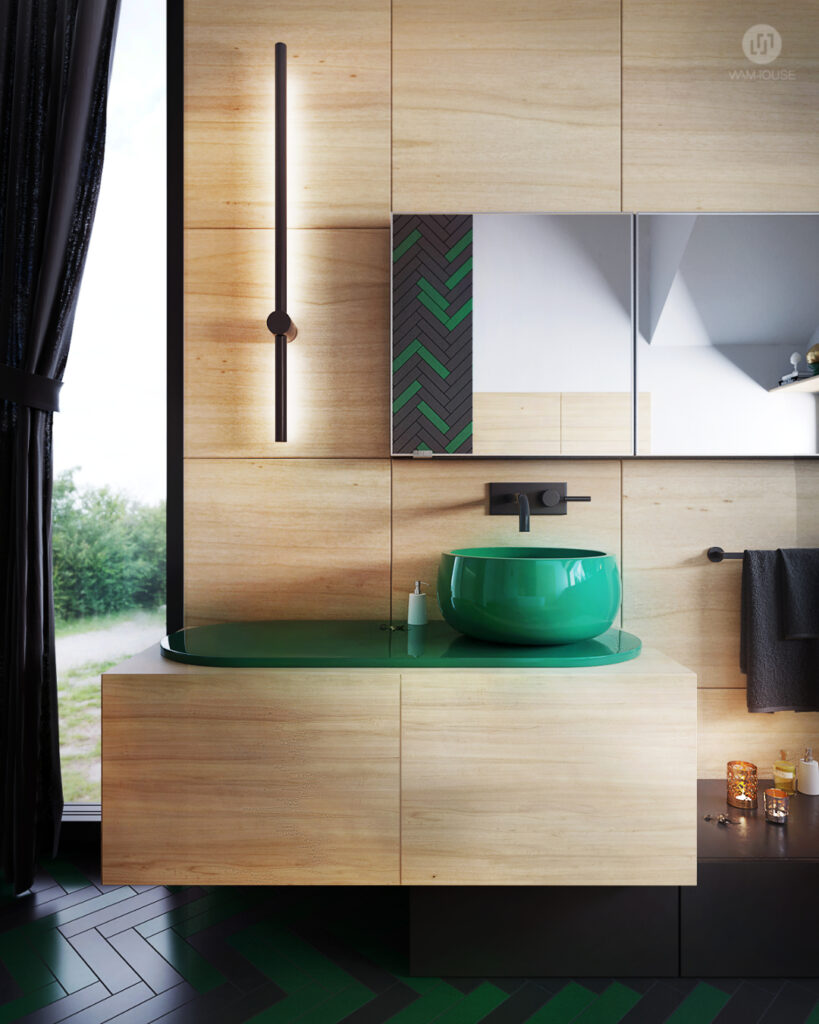 WAMHOUSE - black and emerald green bathroom interior design, author - Karina Wiciak