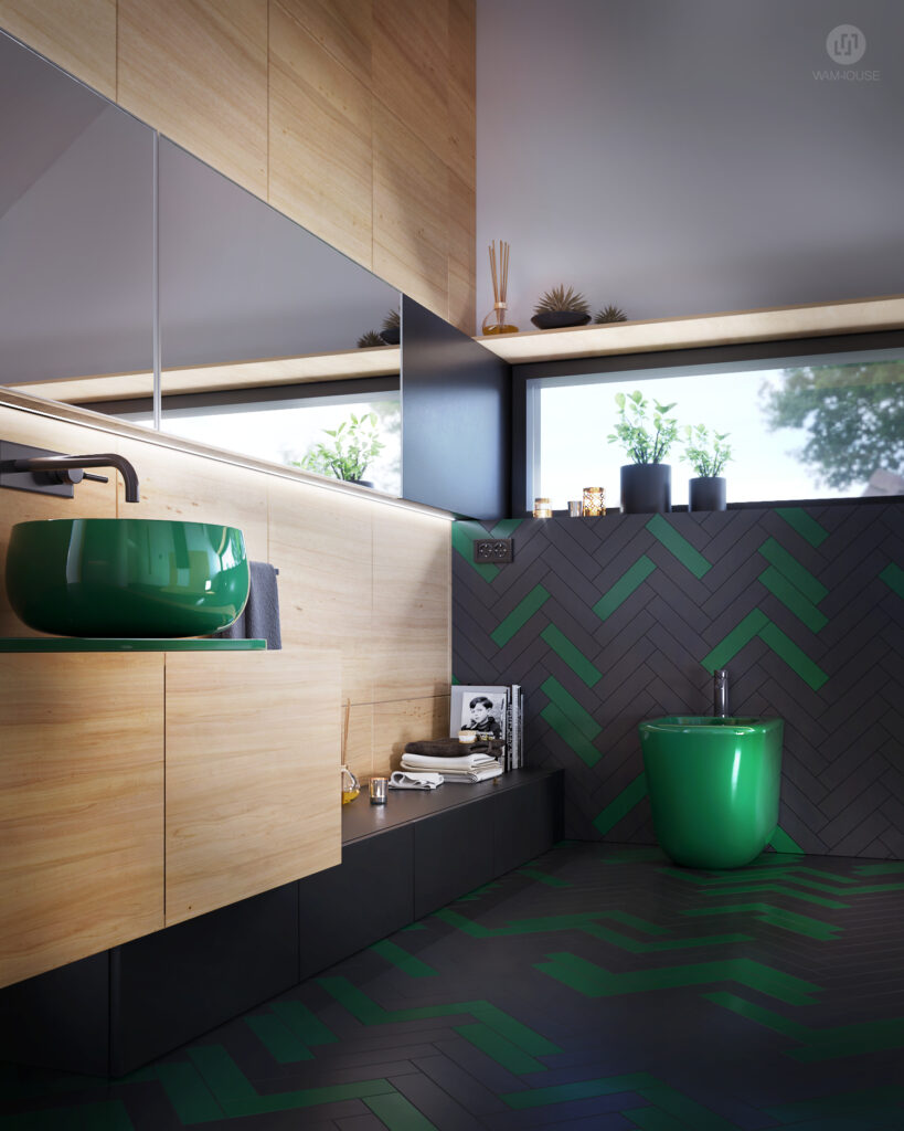 WAMHOUSE - black and emerald green bathroom interior design, author - Karina Wiciak