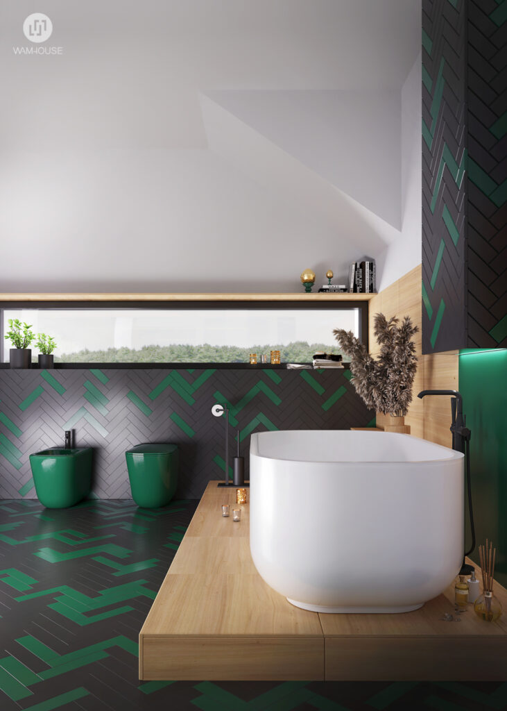 WAMHOUSE- projekt wnętrza -czarno-zielona łazienka, autor - Karina Wiciak